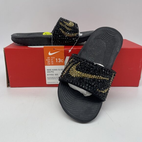 Nike KAWA Slide Black Metallic Gold Rhinestone Bling Out Kids 13 MODIFIED - Picture 1 of 10